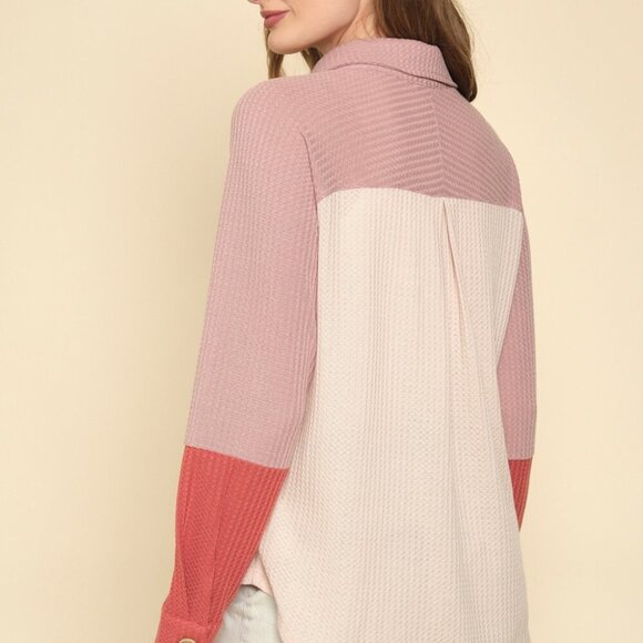 MYSTREE Colorblock Button Down Shirt , Waffle Knit Button Down Top, Pink Blush - Picture 6 of 8